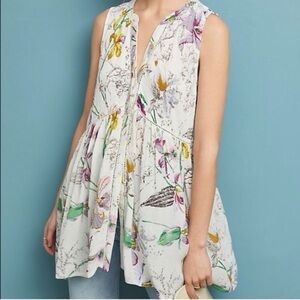 Anthropologie Nia Floral Sleeveless Top - White button up Small